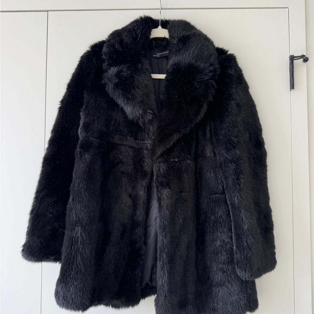 Zara Black Teddy Jacket Plush Faux Fur